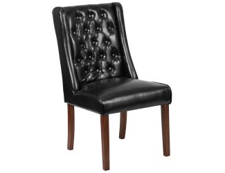 Black LeatherSoft Upholstered Button Tufted Parsons Chair with Side Panel Detail