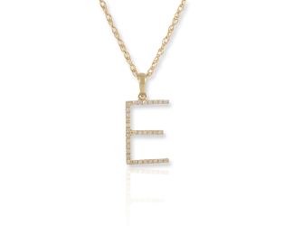 PARIKHS Initial Pendant Alphabet 'E' in CZ with chain in 925 Sterling Silver with Yellow Plating