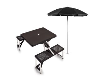 Folding Picnic Table w/ Seats & 1 Beach Umbrella Black
