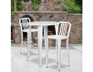 30" Round White Metal Indoor-Outdoor Bar Table Set with 2 Slat Back Stools