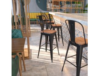 30" High Black Metal Barstool with Back and Wood Seat - Kitchen Furniture