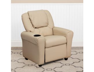 Contemporary Beige Vinyl Kids Recliner with Cup Holder and Headrest
