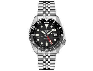 Mens Seiko 5 Sport SKX GMT Series Silver-Tone Watch Black Dial