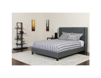 Full Size Tufted Dk Gray Fabric Platform Bed w/ Accent Nail Trim Extended Sides