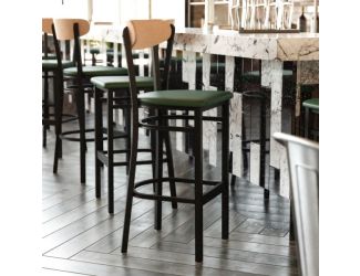 Commercial Metal Barstool with Vinyl Seat and Wood Boomerang Back-Green/Natural