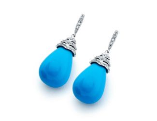 PARIKHS Rhodium Plated Pear Teardrop Turquoise CZ Dangling Stud Earring in 925 Sterling Silver