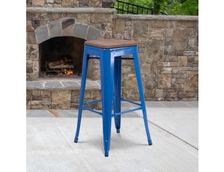 30" High Backless Blue Metal Barstool with Square Wood Seat - Kitchen Furniture