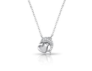 PARIKHS Rhodium Plated CZ Dolphin Necklace With Heart in 925 Sterling Silver