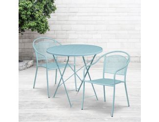 30" Round Sky Blue Indoor-Outdoor Steel Folding Patio Table Set with 2 Chairs