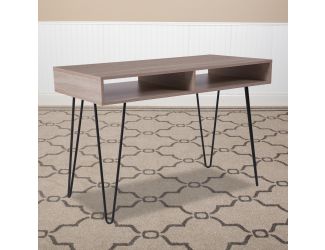 Oak Wood Grain Finish Computer Table with Black Metal Legs and Open Shelving