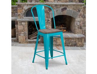 24" High Crystal Teal-Blue Metal Counter Height Stool with Back and Wood Seat