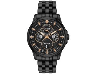 Mens Calendrier Moonphase Eco-Drive Black Ion-Plated Watch Black Dial