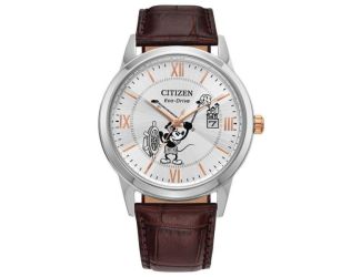 Disney By Citizen Men's Disney Mickey Mouse Silver-Tone Dial Leather Strap Watch