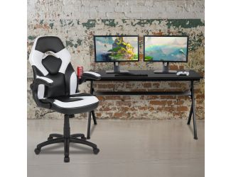 Black/White Gaming Desk Bundle - Cup & Headphone Holders/Mouse Pad Top