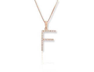 PARIKHS Initial Pendant Alphabet 'F' in CZ with chain in 925 Sterling Silver with Rose Plating