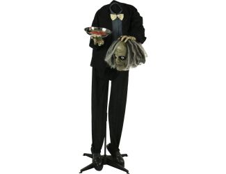 Life-Size Animatronic Headless Zombie Holding Tray with Lights and Sound, Indoor or Covered Outdoor