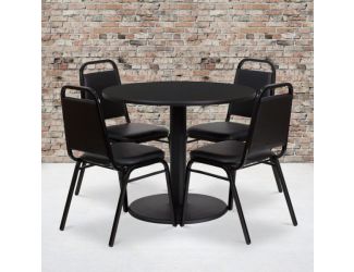 36" Round Black Laminate Table with Round Base & 4 Black Banquet Chairs