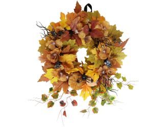 Festive Harvest Wreath with Fall Leaves, Mini Pumpkins, and a Creepy Spider for Autumn and Halloween