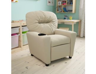 Contemporary Beige Vinyl Kids Recliner with Cup Holder - Hardwood Frame