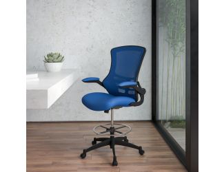 Mid-Back Blue Mesh Ergonomic Drafting Chair with Foot Ring and Flip-Up Arms