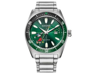 Men's Mickey Sport Silver-Tone Stainless Steel Bracelet, Green dial