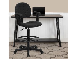 Black Patterned Fabric Swivel Drafting Chair with Adjustable Height and Arms