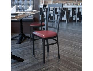 Black Window Back Metal Restaurant Chair - Burgundy Vinyl Seat
