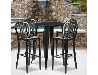 30" Round Black Metal Indoor-Outdoor Bar Table Set with 4 Slat Back Stools