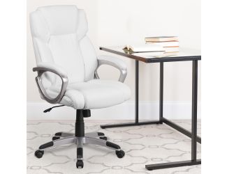 Mid-Back White LeatherSoft Executive Swivel Office Chair with Padded Arms