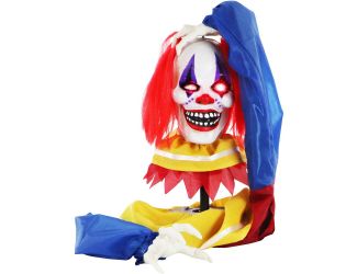 Animatronic Pop-Up Talking Clown Head with Light-Up Eyes for Scary Halloween Tabletop Decoration