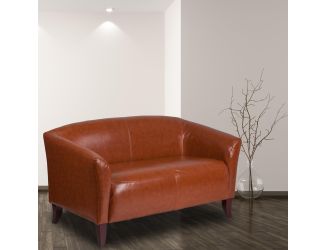 Cognac LeatherSoft Loveseat w/ Cherry Wood Feet - Lobby or Home Office Seating
