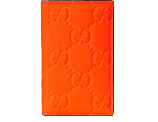 Gucci GG Leather Rubber Effect Neon Orange Folding Wallet Card Holder