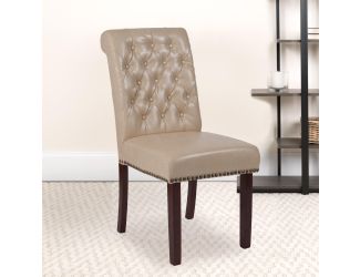 Beige LeatherSoft Parsons Chair w/Rolled Back, Accent Nail Trim &Walnut Finish