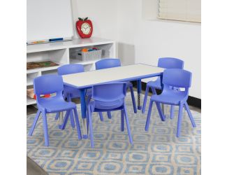 23.625"W x 47.25"L Rectangular Blue Plastic Activity Table Set with 6 Chairs