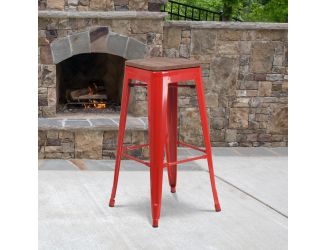 30" High Backless Red Metal Barstool with Square Wood Seat - Kitchen Furniture
