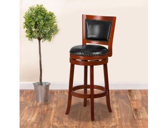 30" High Lt Cherry Wood Barstool with Open Panel Back & Black LeatherSoft Seat