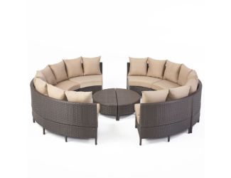 Outdoor 8-Seater Round Wicker Sectional Sofa Set w/Coffee Tables - Brown