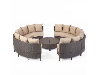 Outdoor 8-Seater Round Wicker Sectional Sofa Set w/Coffee Tables - Brown