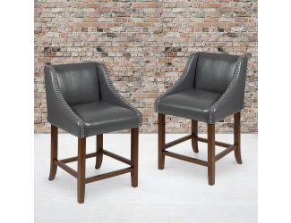 24"H Walnut Counter Stool with Accent Nail Trim - Dk Gray LeatherSoft, Set of 2