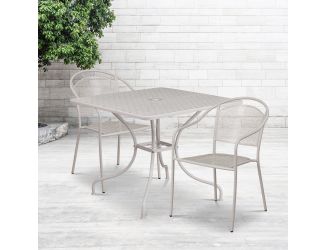 35.5" Square Lt Gray Indoor-Outdoor Steel Patio Table Set w/ 2 Round Back Chairs