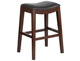 30" High Backless Cappuccino Wood Barstool with Black LeatherSoft Saddle Seat