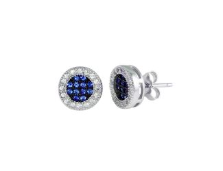PARIKHS Rhodium Plated Clear and Blue CZ Halo Stud Earring in 925 Sterling Silver