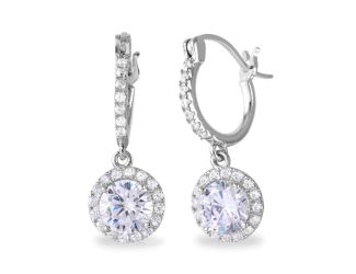 PARIKHS Rhodium Plated Dangling Micro Pave Round CZ Huggie Earring in 925 Sterling Silver