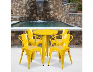 24" Round Yellow Metal Indoor-Outdoor Table Set with 4 Arm Chairs