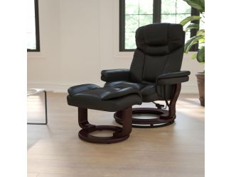 Black LeatherSoft Multi-Position Recliner &Curved Ottoman w/Mahogany Wood Base