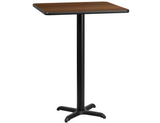 24" Square Walnut Laminate Table Top with 22" x 22" Bar Height Table Base