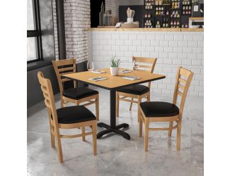 Ladder Back Natural Wood Restaurant Chair - Black Vinyl Seat