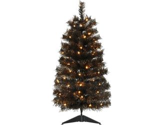 3-Ft. Spooky Black Tinsel Tree with Warm White LED Lights, Plug-In