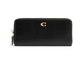 Smooth Leather Essential Slim Accordion Zip Wallet - Black/Brass