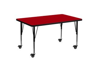 Mobile 30"W x 48"L Rectangular Red Thermal Laminate Adjustable Activity Table